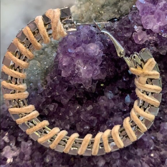 Silvertone Hoop Post Earrings Rhinestone and Leather Wrap Hinged Snapback - Picture 3 of 6